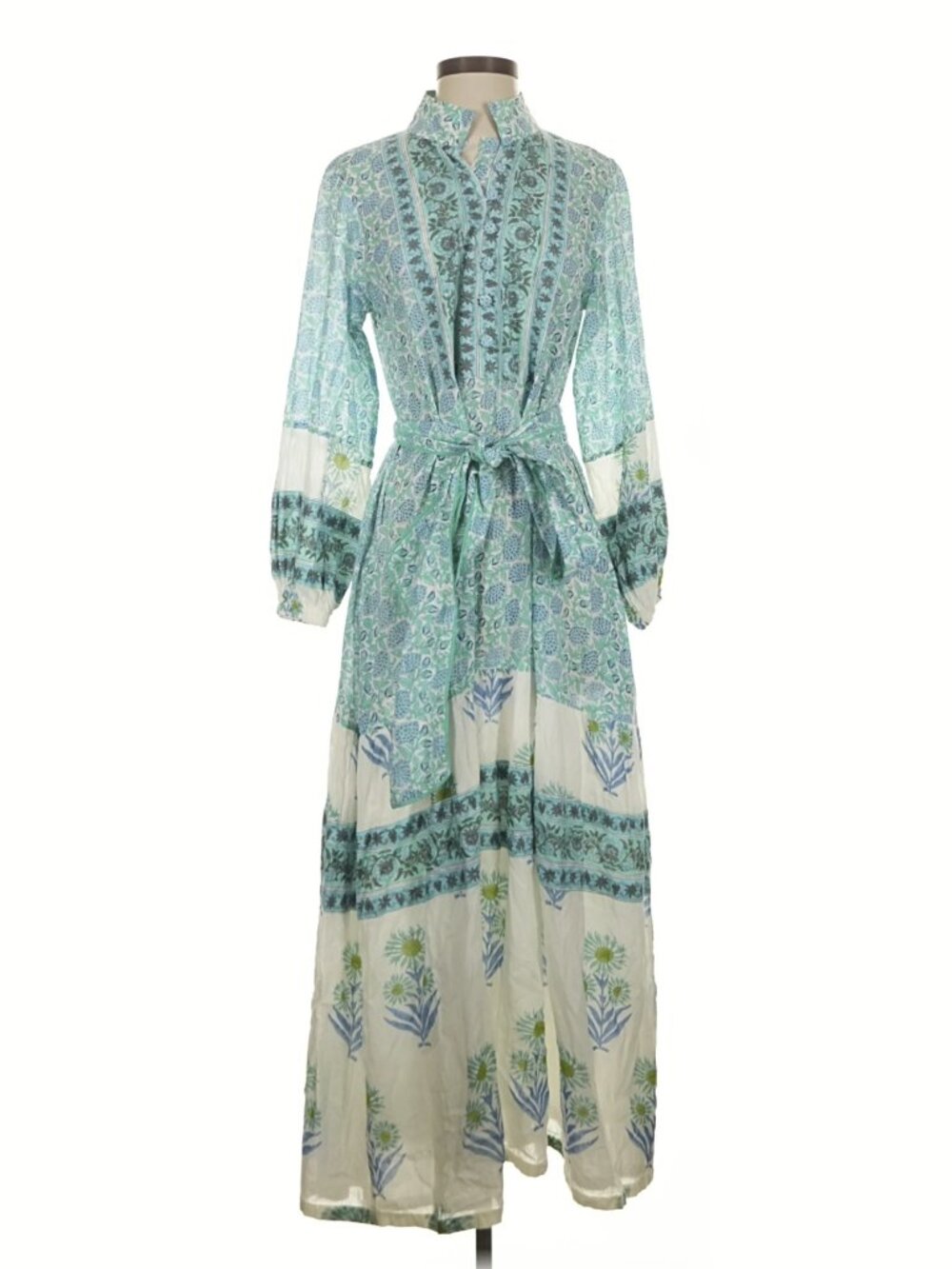 Blue and green block print maxi dress